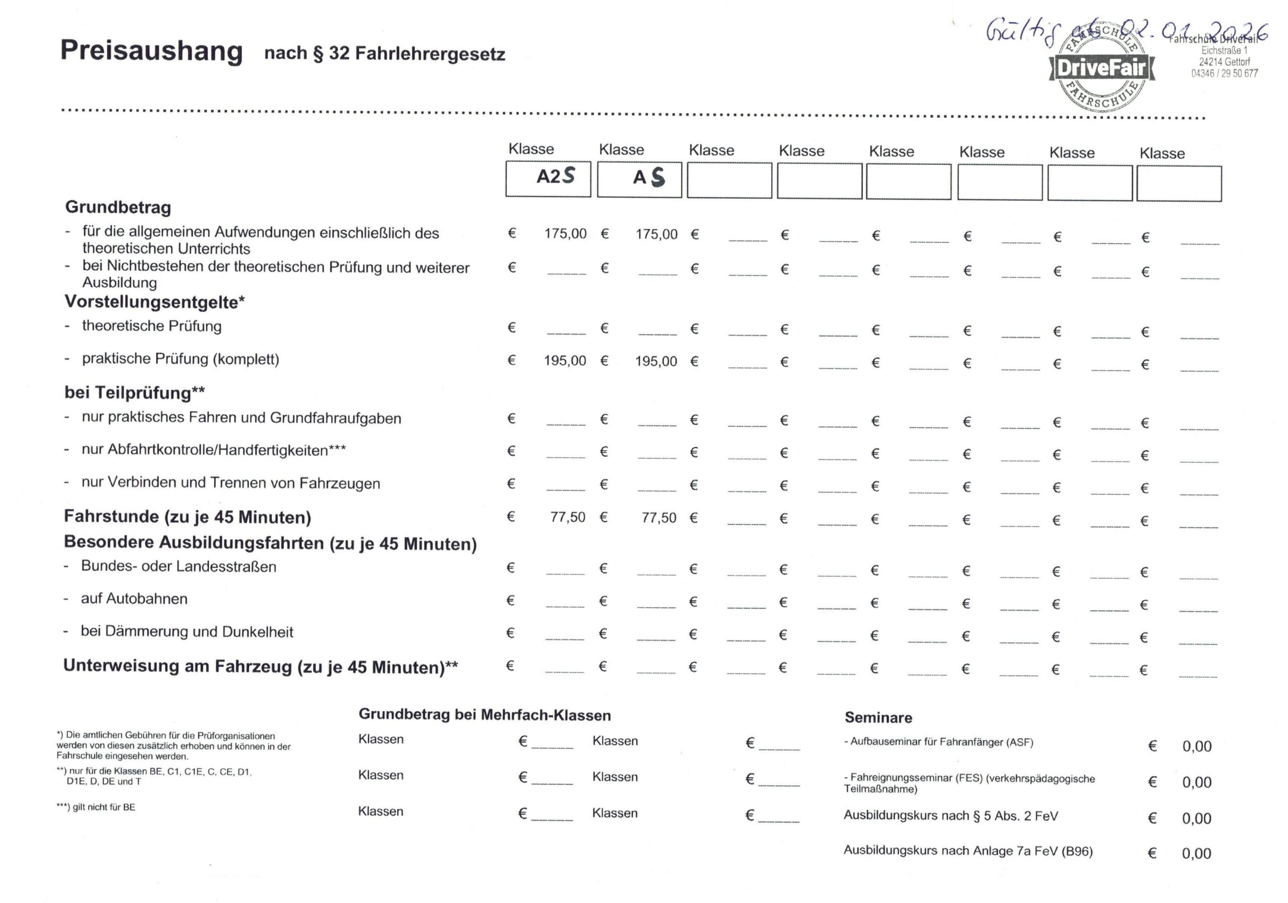 Preisaushang Klassen A2S AS