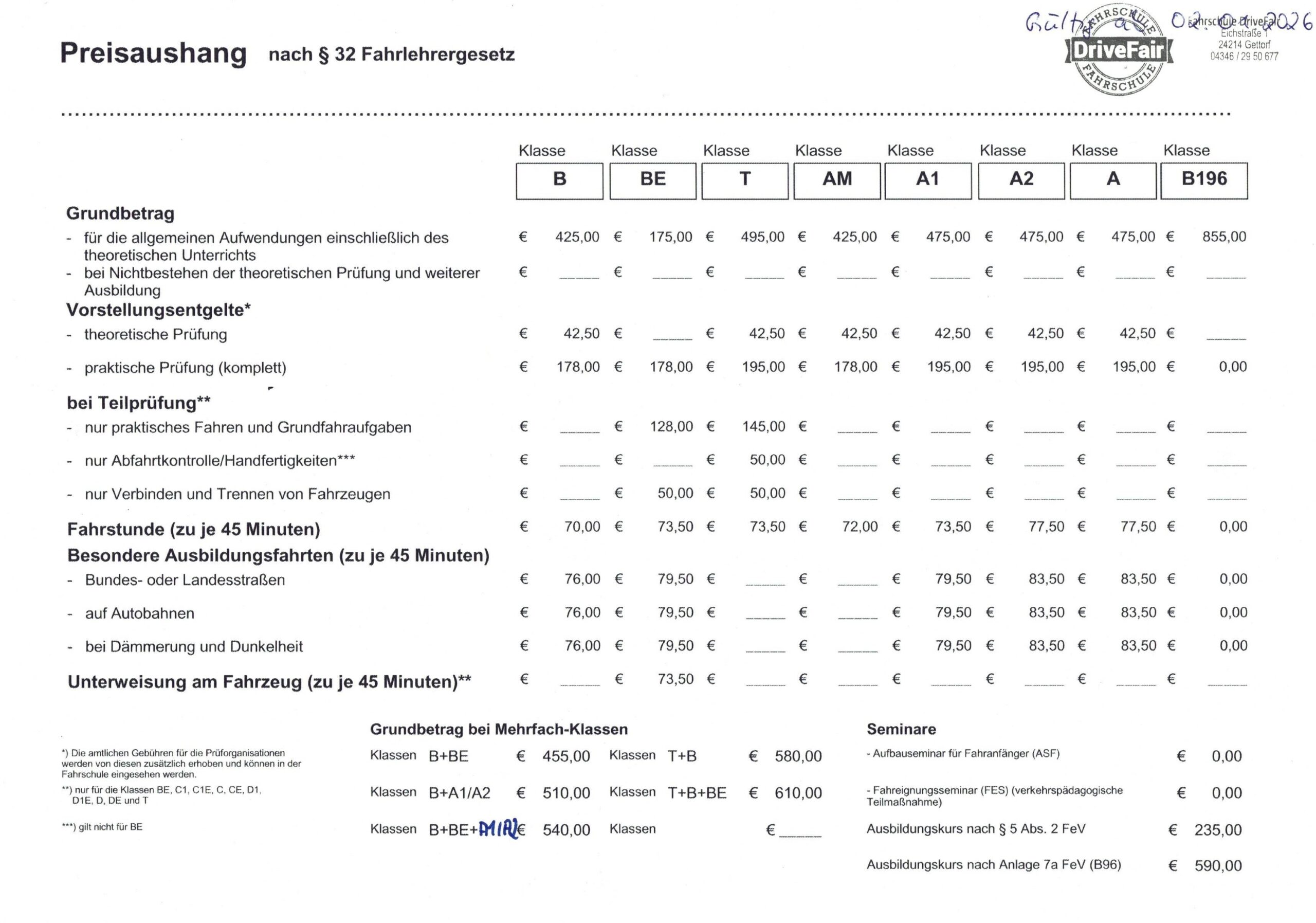 Preisaushang Klassen B BE T AM A1 A2 A B196
