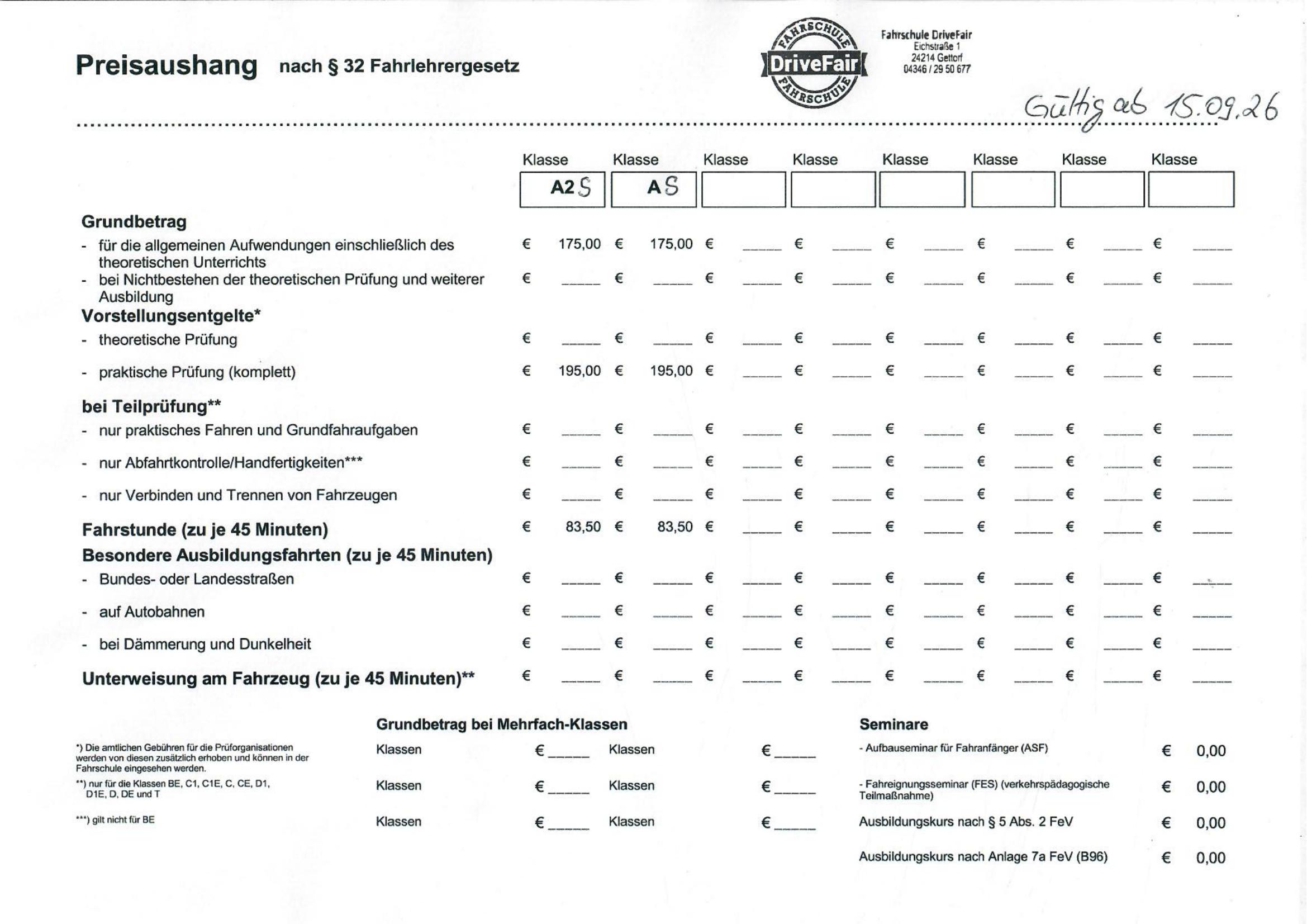 Preisaushang Klassen A2S AS