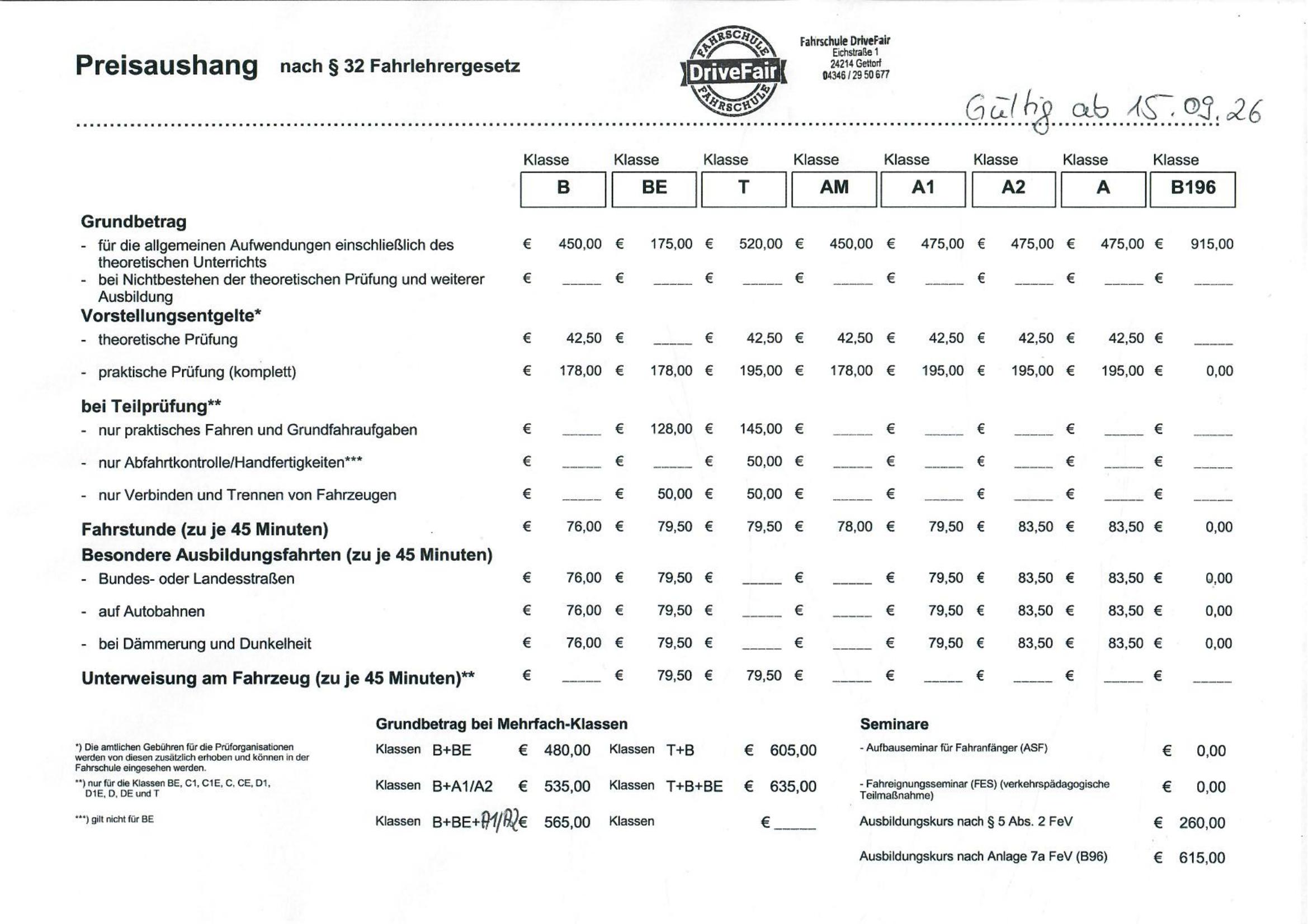 Preisaushang Klassen B BE T AM A1 A2 A B196